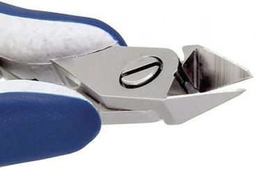 The image shows a metal nail scissors with a sharp blade. The handle has a blue rubber coating for better grip. The scissors are open and ready for cutting.