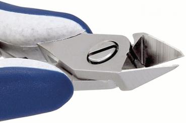 The image shows a nail or cuticle nipper. It has a metallic blade that tapers diagonally, and a blue, ergonomic handle. The nipper is precise for detailed work.