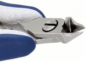 The image shows a nail clipper with a silver, sharp blade area and blue, ergonomic handles. The blades are slightly open and sharp.