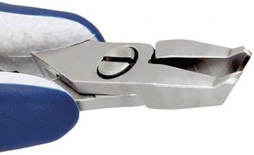 The image shows a pair of pliers with sharp, curved blades and a blue handle. It is used for cutting or gripping materials. The surface is shiny and metallic.