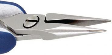 The image shows a pair of pliers with pointed, metallic jaws. It has a blue handle and a central screw that allows the jaws to open and close.