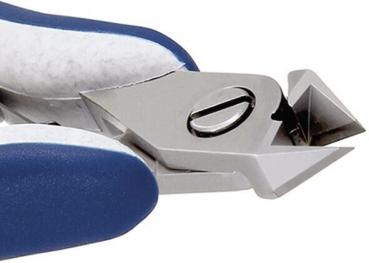 The image displays a nail scissors with a sharp, pointed metal blade and a blue, rubberized handle. The blade is slightly open, ready for cutting.