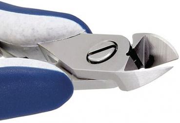 The image shows a close-up of a nail or wire cutter. The cutter has a shiny, metallic head with sharp, pointed edges and a blue handle.