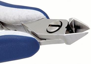 Das Bild zeigt eine Nagel- oder Drahtzange mit einem metallischen, scharfen Kopf und blauen Gummigriffen. Der Kopf ist auf eine präzise Schnittfläche ausgeformt.