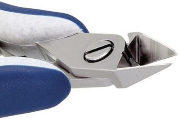 The image shows a nail or craft pliers made of shiny metal. The handle is blue and covered with white plastic. The blades are sharp and pointed, ideal for cutting.