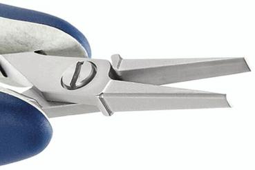 The image shows a pair of pliers with pointed, narrow jaws, whose needle tips are well suited for precise work. Handle in blue, metallic head.