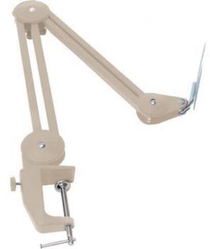 Das Bild zeigt einen mechanischen Arm, der in zwei Gelenken beweglich ist. An einem Ende befindet sich eine Klemme, um das Werkzeug zu befestigen. Die Farbe ist hell und metallisch.