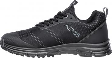 The shoe is a sporty, black sneaker with a textured surface and laces. It has a sturdy sole and a modern, functional shape.