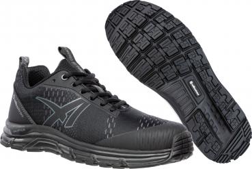 The image shows a black athletic shoe with a breathable upper. The sole features a textured pattern for good grip. The toe is slightly rounded and the shoe has a modern, sporty shape.