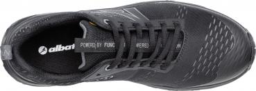 The image shows a black sports shoe from above. It has flat laces, a breathable upper, and a non-slip sole. On the inside, it reads "Powered by Function".