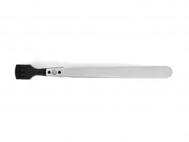 The image shows a long, flat object. At one end, there is a black, serrated part suitable for scraping. The rest is silver-colored and smooth.