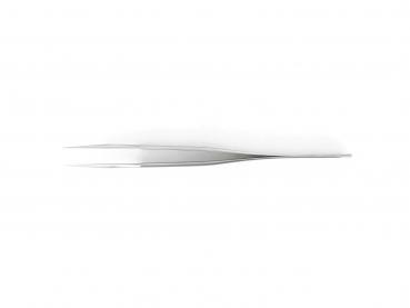 The image shows a narrow, pointed stainless steel tweezer lying flat on a white background. It appears elegant and modern.