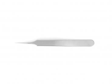 The image shows a straight, silver tweezer with a narrow tip. It is flat and has rounded ends, suitable for gripping fine objects. The background is white.