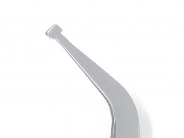 The image displays a silver, curved tool with a flat and narrow edge. It features a slightly rounded tip and is finished in a metallic coating.