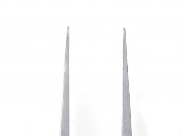 The image shows a straight, silver-colored tweezer with two long, narrow tips arranged parallel to each other. The background is white.