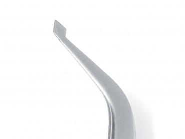 The image shows a metallic tool with a long, curved blade that slightly bends upwards at the front. It has a smooth surface and reflects light.