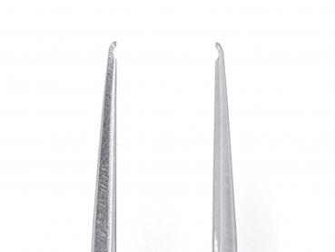 The image shows a straight, metallic tweezer with two narrow tips. It is shiny and has a simple, functional shape. The tips are slightly curved.
