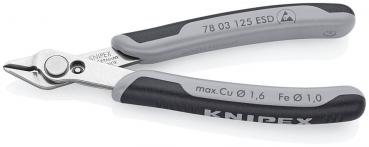 Das Bild zeigt eine kleine, graue Zange mit schwarzen, rutschfesten Griffen. Die Schneiden sind spitz und scharf, ideal zum Schneiden feiner Drähte. Der Markenname "KNIPEX" ist eingeprägt.