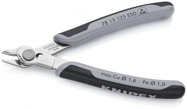 The image shows a small pair of pliers with gray and black, non-slip grips. The tip of the pliers is narrow and slightly curved, perfect for gripping or cutting thin materials.