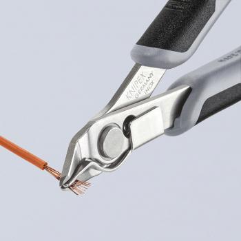 The image shows a gray-silver pliers gripping a thin, copper-colored wire. The handle of the pliers is black with a non-slip surface.