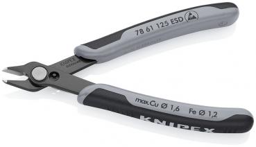 The image shows a pair of pliers with short, sharp blades and an ergonomic handle. The handle has a gray rubber surface for better grip. On one of the handles, the brand name "KNIPEX" is displayed.