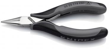 Das Bild zeigt eine lange, spitze Zange mit silbernem Metallkopf und schwarz-grauen, ergonomischen Griffen. Die Zange hat eine präzise, schmale Öffnung.