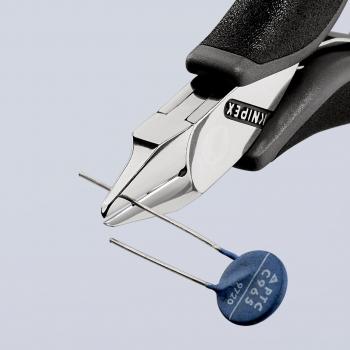 The image shows a pair of pliers with a silver head and a black handle holding a blue component. The component has two thin wires and a round, blue body.