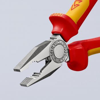 The image shows a pair of pliers with red-yellow plastic handles. The jaws are made of metal, with a grooved inner surface. The pliers have a sturdy, ergonomic shape for a firm grip.