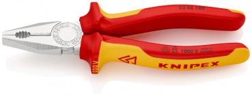 Das Bild zeigt eine Zange mit roten und gelben Griffen. Die Zange hat eine metallene Spitze und wird oft in Handwerksarbeiten verwendet. Auf dem Griff steht "KNIPEX" und eine Spannung von 1000 V.