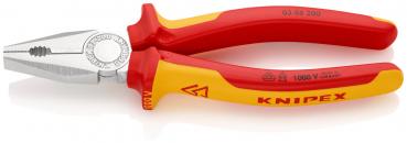The image shows a pair of pliers with a metallic, shiny tip and red-yellow, ergonomic handles. The handles are non-slip and provide a good grip. It is suitable for electrical work.