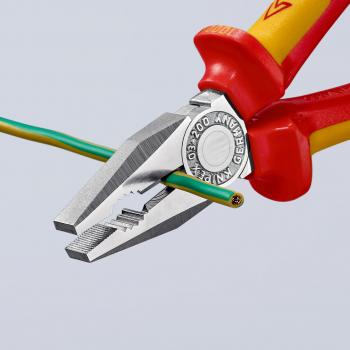 The image shows a pair of pliers with red handles gripping a green-yellow wire. The pliers are metallic and appear sturdy, with a precise cutting interface.