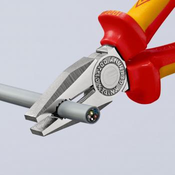The image shows a pair of pliers gripping a gray cable bundle with several colorful wires in the middle. The handle is red and yellow, made of insulating material.