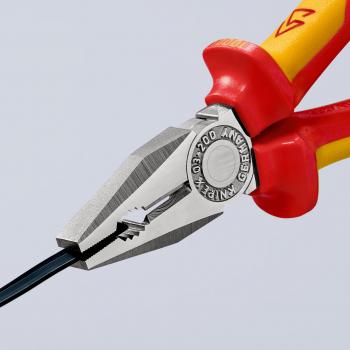 The image shows a pair of pliers with red handles and a silver working surface. The pliers have pointed and flat edges and are holding a black wire. They are precisely crafted.