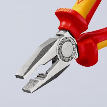 The image shows a pair of pliers with red handles. The metal blades are narrow and feature a ridged surface for gripping objects. They are sturdy and precise.
