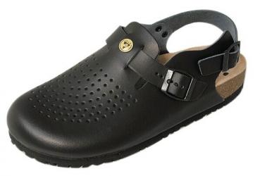 The shoe is a black clog with a round shape, perforated upper, and an adjustable strap on the side. The sole is non-slip and made of rubber.