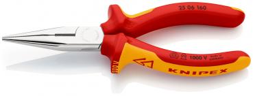 The image shows a pointed pair of pliers with a shiny metal head and non-slip, red and yellow handles. The pliers are narrow at the tip, ideal for precise work.