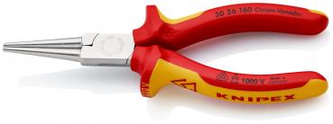 Das Bild zeigt eine Kombizange mit spitz zulaufenden Backen. Sie hat rote, ergonomische Griffe mit gelben Akzenten. Auf der Zange steht ?KNIPEX? und Sicherheitsmarkierungen.