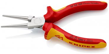 Das Bild zeigt eine rot-gelbe Zange mit langen, schmalen Backen. Die Griffe sind ergonomisch geformt, mit einem speziellen Isoliermaterial für elektrische Sicherheit. Sie ist von der Marke Knipex.