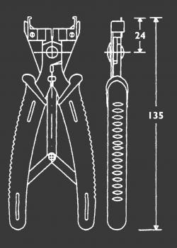 The image displays a technical drawing of a tool, likely a pair of pliers. It features two grippy arms and a head with a central screw. Side view and dimensions are provided.