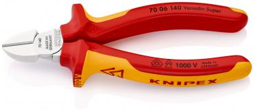 The image shows a red and yellow pliers with a smooth, sharp cutting edge. It is insulated, suitable for work on electrical installations, and bears the brand "KNIPEX".