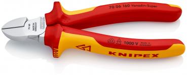 The image shows a two-sided pliers with red handles and yellow accents. The cutting edge is metallic and has a slightly curved shape, suitable for cutting wires.