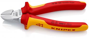 The image shows a pair of pliers with red and yellow handles. The pliers have a sharp, light blade and are designed for precise cutting. The handle reads "KNIPEX".