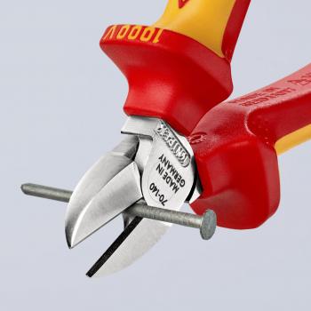 The image shows a red and yellow pliers with a sharp, metallic blade gripping a protruding nail. The pliers have an ergonomic design and are intended for precise work.