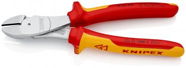 The image displays a combination of pliers with metallic blades and red, non-slip handles that feature yellow accents. They are suitable for electricians and insulated up to 1000 V.