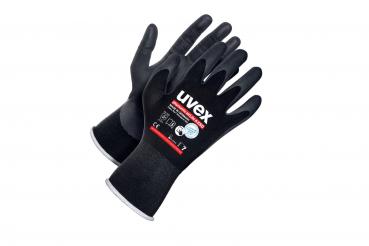 The image shows a pair of black work gloves. They have a grippy surface and an elastic band. On the inside, there is a label with the brand "uvex".