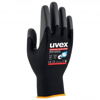 The image shows a black work glove made of flexible, grippy material. The glove is narrow around the circumference, and the palm has a non-slip texture. There is a yellow border around the wrist.