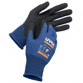 The image shows a pair of gloves. They are blue with a black grip. The gloves have an elastic cuff and a label with orange lettering.