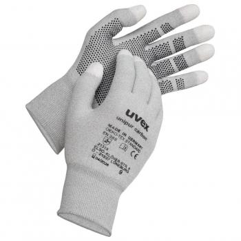 The image shows a pair of gray work gloves. They are made from a durable material and have non-slip dots on the palms and fingers. The gloves are anatomically shaped.