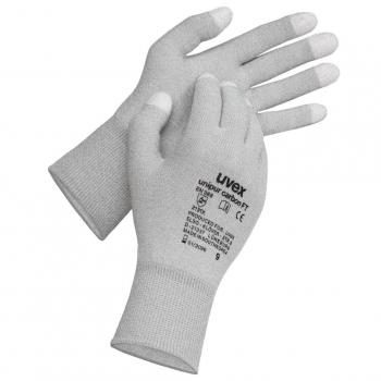 Das Bild zeigt ein Paar graue Arbeitshandschuhe mit leichtem, strukturierbarem Material. Die Handflächen sind griffig, und an den Fingern sind sie teilweise beschichtet.