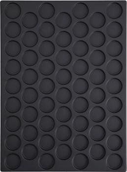 The image displays a black silicone baking tray with 42 round indentations, evenly arranged in a grid. Ideal for baking muffins or snacks.